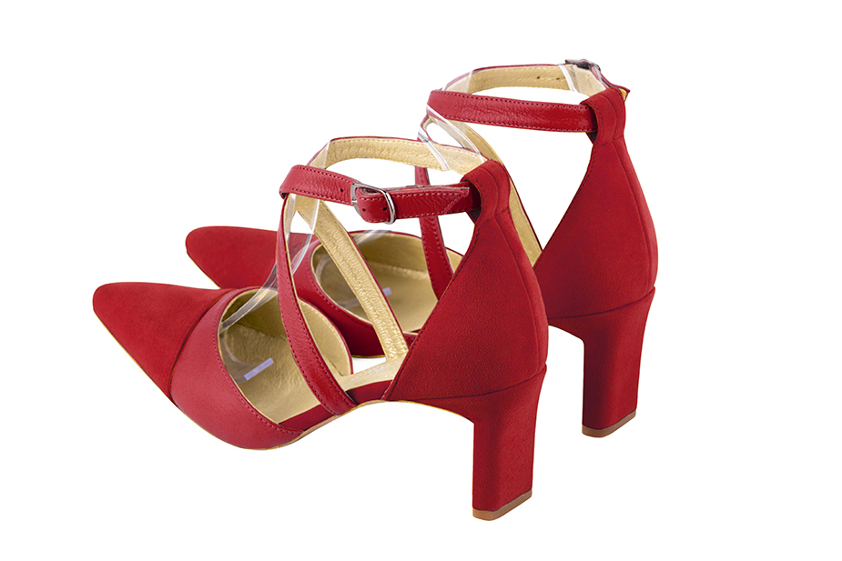 Cardinal red women's open side shoes, with crossed straps. Tapered toe. Medium comma heels. Rear view - Florence KOOIJMAN